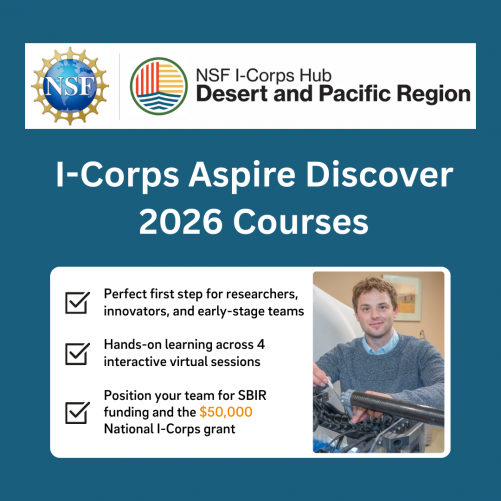An informational graphic for the NSF I-Corps Hub Desert and Pacific Region promotes "I-Corps Aspire Discover 2026 Courses" against a teal background. The top features the National Science Foundation and Hub logos. A white rounded-square box contains three bullet points with checkmark icons: identifying the program as a "perfect first step" for researchers, highlighting four interactive virtual sessions, and noting its role in positioning teams for SBIR funding and a $50,000 National I-Corps grant. To the ri